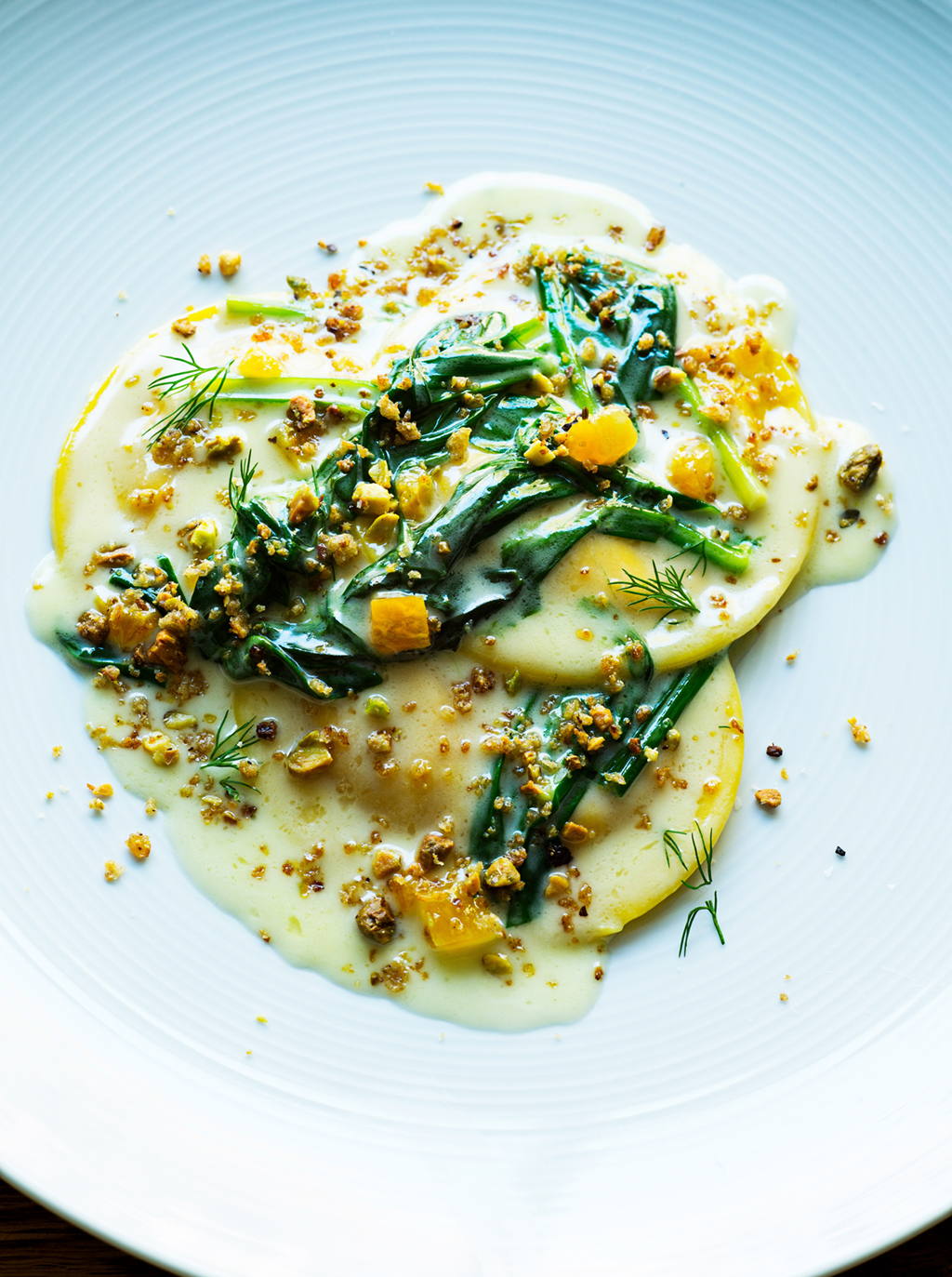 Carrot ravioli with apricot. Photograph by Scott Suchman.