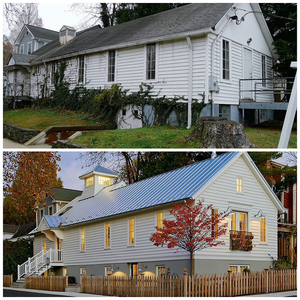 The exterior as it looks now (the bottom image), compared with its condition as a rundown church before the renovation.