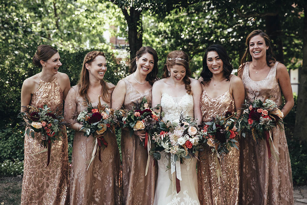 gold bridesmaids dresses boho florals boho bouquet