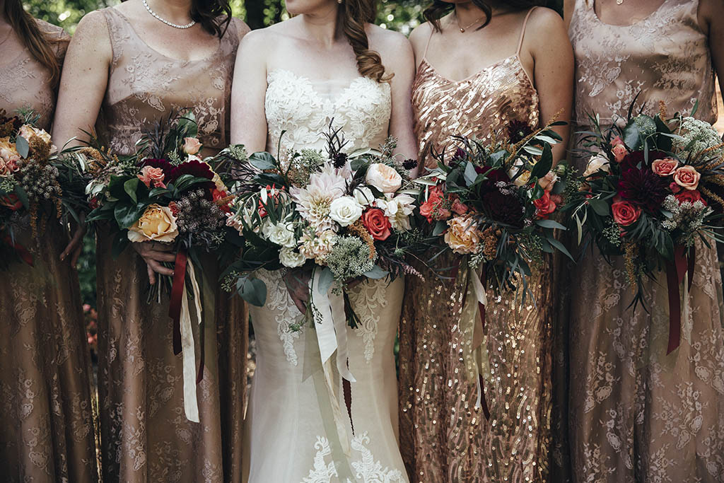 gold bridesmaids dresses boho florals boho bouquet