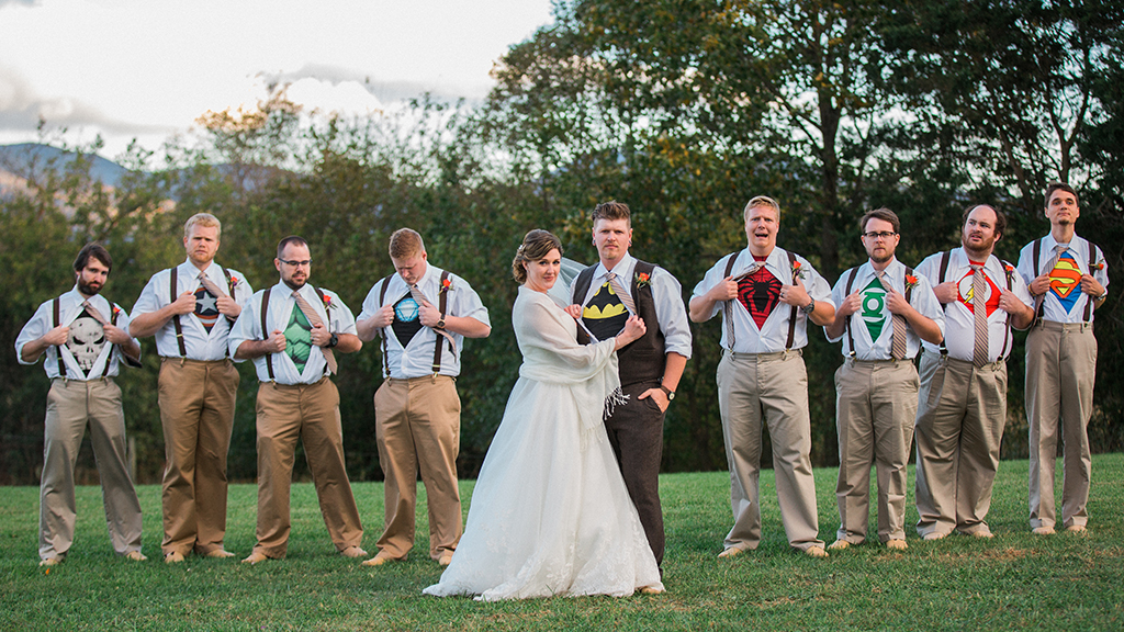 This Groom and His Groomsmen Went Undercover As Superheroes at His Rustic Virginia Wedding