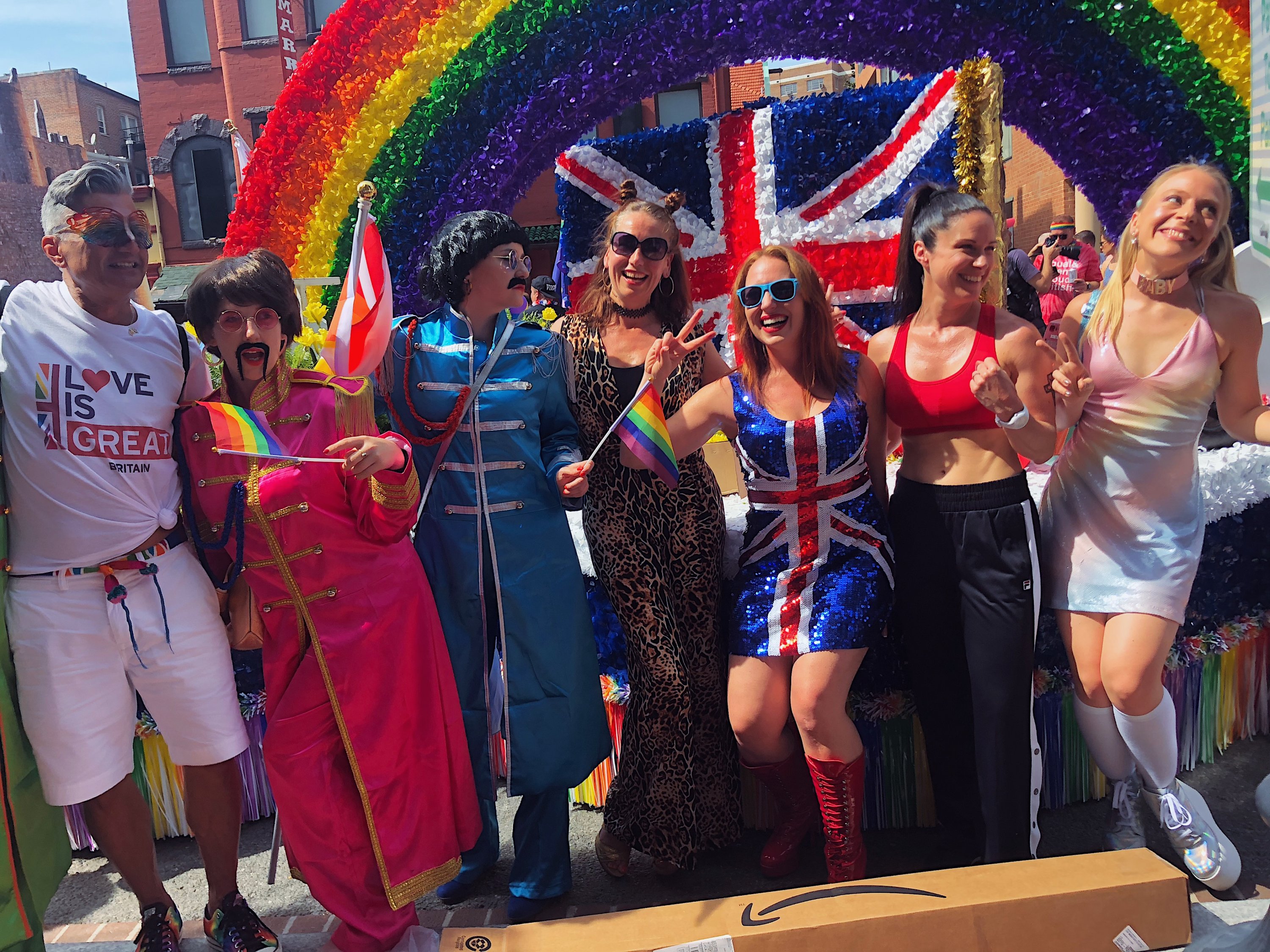 The Spice Girls and the Beatles pose in front of the float. Photograph by Daniella Byck.