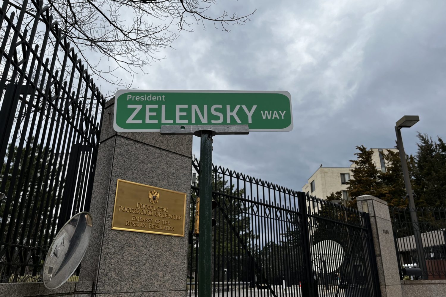 Protesters Installed a “President Zelensky Way” Sign Outside the Russian Embassy. 24 Hours Later, It’s Still There