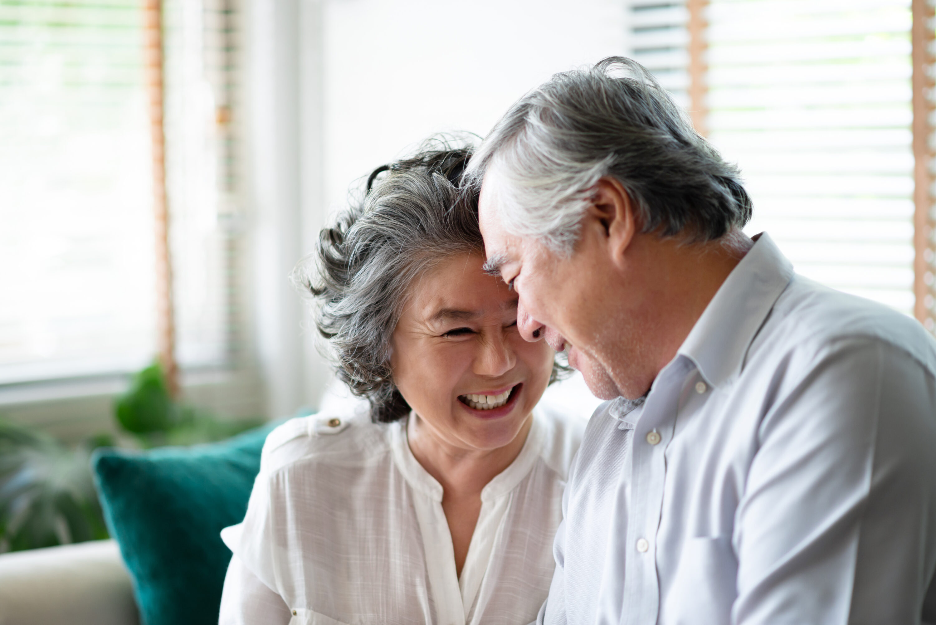 Asian senior couple in love laughing - Washingtonian Asian senior couple in love laughing.