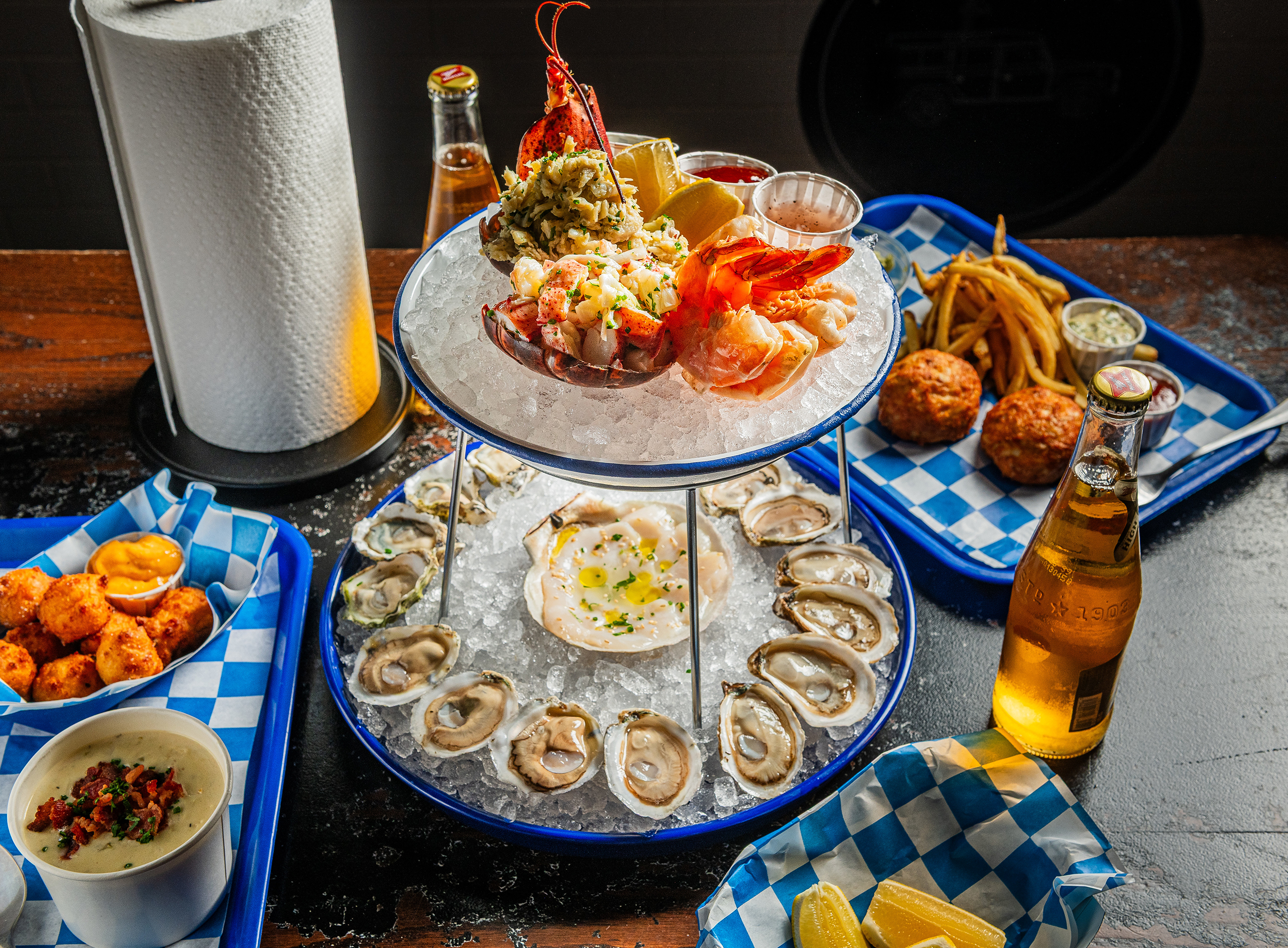 Birds-Eye-View--Chowder-Crabcakes-Hush-Puppies-seafood-tower-scaled-down - Washingtonian