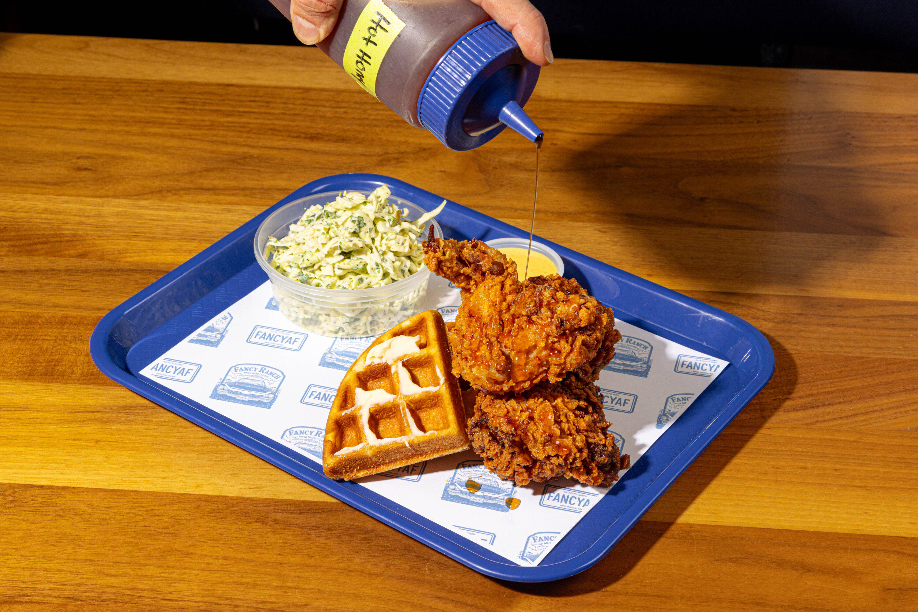 Chicken and waffles from the Fancy Ranch pop-up. Photo by Farrah Skeiky. - Washingtonian Chicken and waffles from the Fancy Ranch pop-up. Photo by Farrah Skeiky.