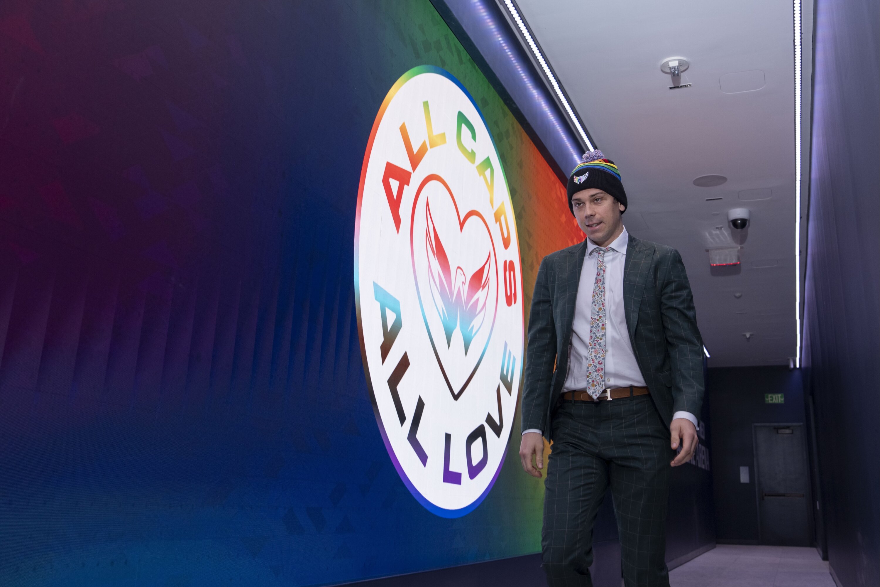Washington Capitals center Dylan Strome arrives for the game wearing a Pride-themed beanie. Photo courtesy of Jess Rapfogel. - Washingtonian Washington Capitals center Dylan Strome arrives for the game wearing a Pride-themed beanie. Photo courtesy of Jess Rapfogel.