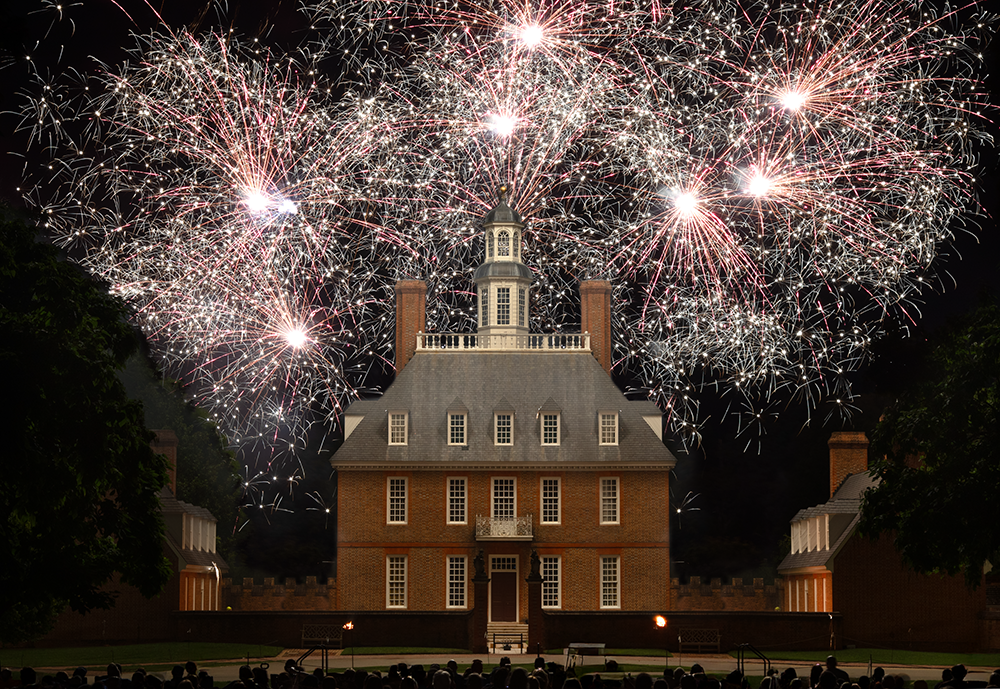 Fireworks display at the Governor's Palace on July 4th in Williamsburg. Photo courtesy of The Colonial Williamsburg Foundation.
