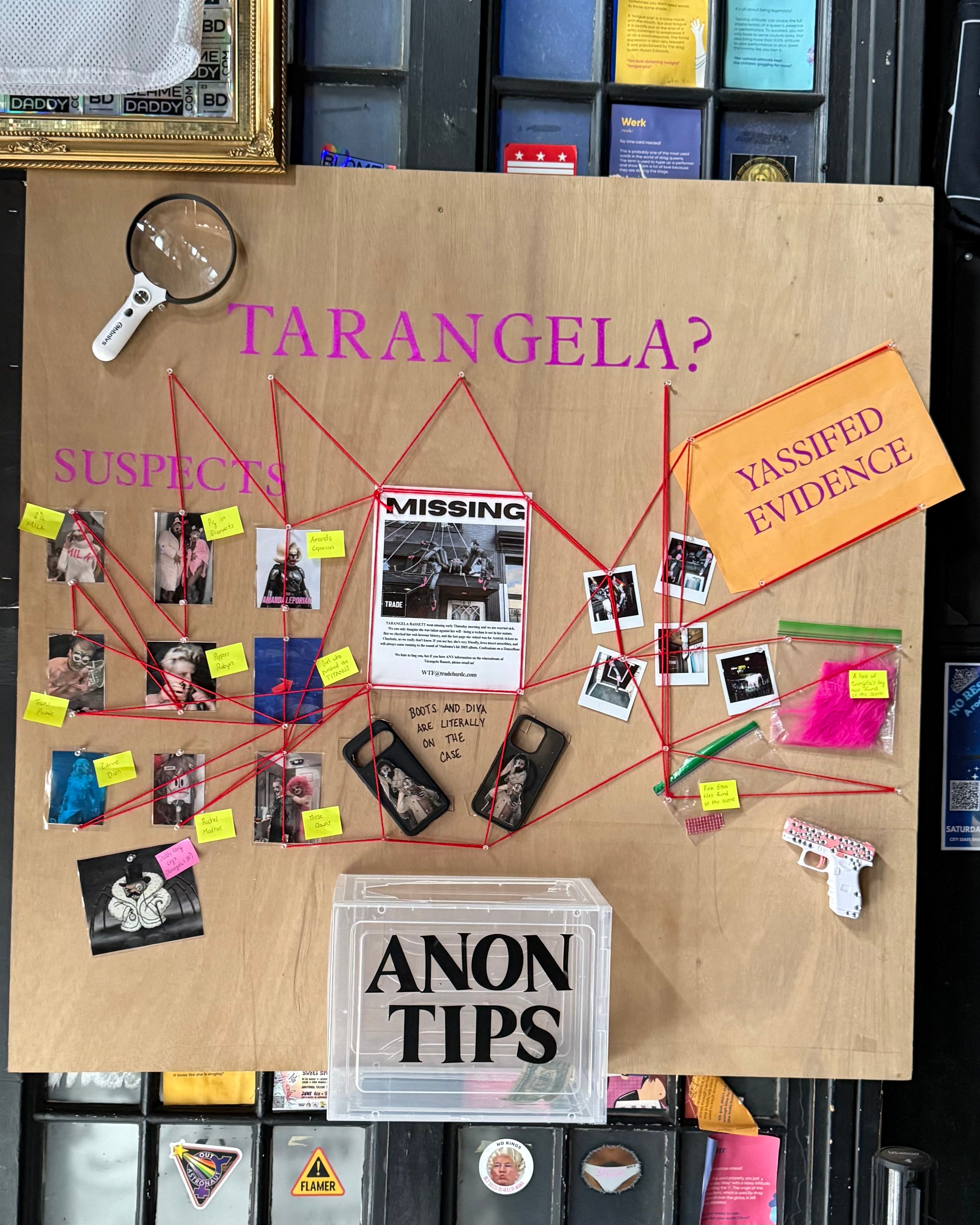 Trade's suspect board, complete with anonymous tips and theories about Tarangela Bassett's disappearance. Image courtesy of Bumper. - Washingtonian Trade's suspect board, complete with anonymous tips and theories about Tarangela Bassett's disappearance. Image courtesy of Bumper.