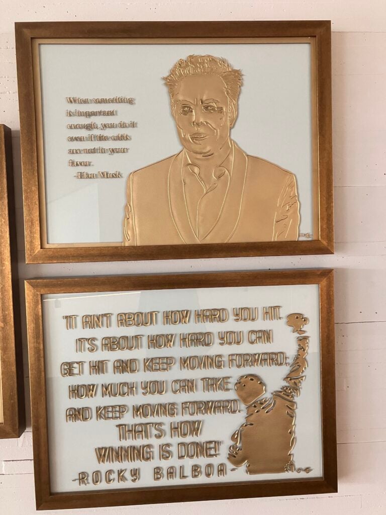 Musk Balboa new - Washingtonian Gold-leaf artworks on display at the Kennedy Center depicting Elon Musk and Rocky Balboa.
