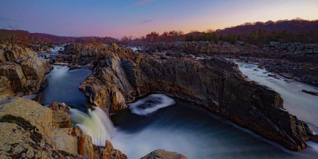 Long exposure of sunrise at Great Falls National Park - Washingtonian Great Falls